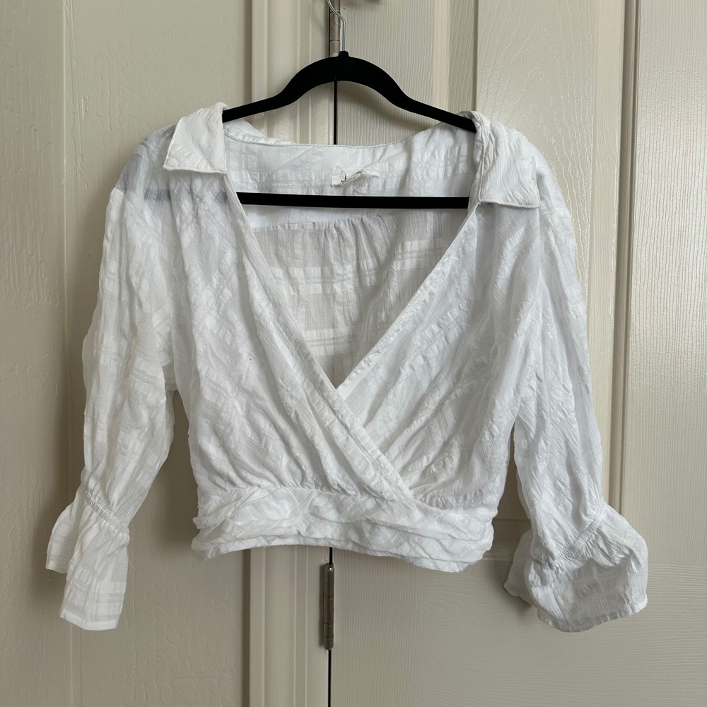 Anthropologie White Banded Surplice V-Neck Blouse - Textured Puff Sleeve - S - Picture 2 of 8